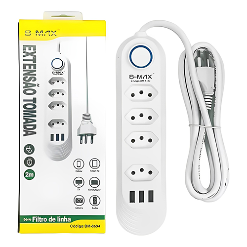 RÉGUA EXTENSÃO 4 TOMADAS 2 USB 2M BMAX BM-8694A