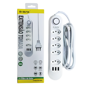 RÉGUA EXTENSÃO 5 TOMADAS 3 USB 2M BMAX BM-8695