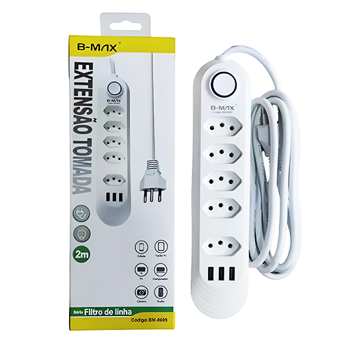 RÉGUA EXTENSÃO 5 TOMADAS 3 USB 2M BMAX BM-8695