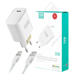 KIT CARREGADOR PD LIGHTNING 30W FAM FKT-PD305