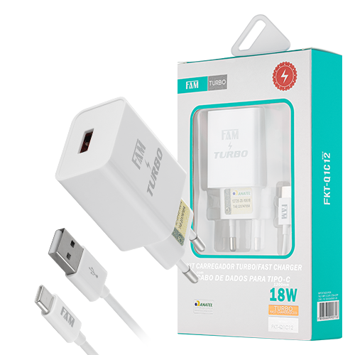 KIT CARREGADOR TYPE-C 1USB 3A FAM FKT-Q1C12